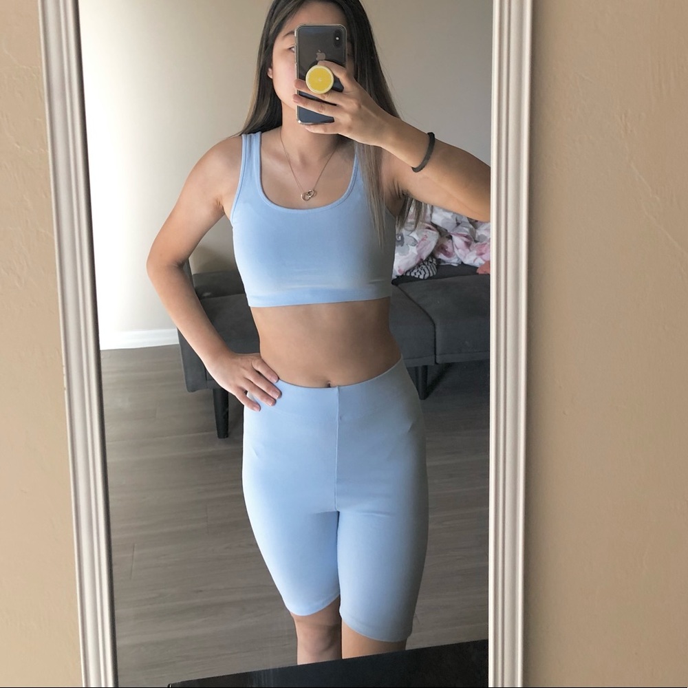 Forever 21 light blue 2 piece crop top and biker short set